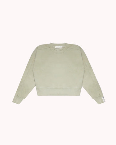 Non-toxic, Organic French Terry cotton crewneck naturally dyed with chestnuts, offering a unique green hue and soft texture. Made in the USA.